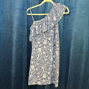 Pink Rose Blue and White Sundress Spaghetti Strap Mini Dress One Shoulder Sz M